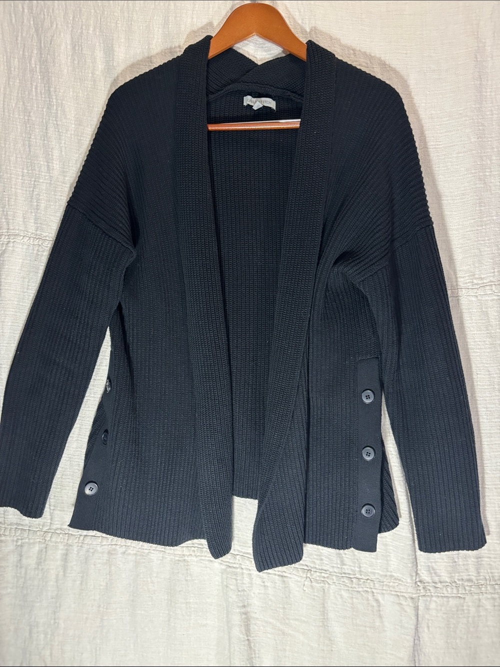 Black Open-Front Ribbed Cardigan with Side Button Detail 100% Cotton